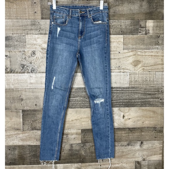 Divided H&M Skinny High Rise Blue Jeans Womens Size 4 Distressed‎ 5 Pocket Denim - Picture 1 of 6